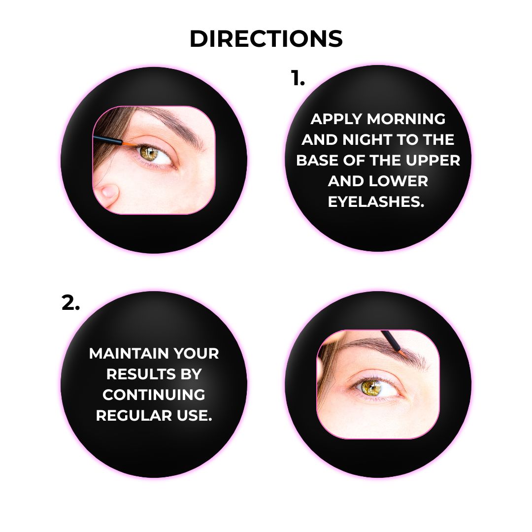 Instructions for applying a product to eyelashes with close-up views and text.