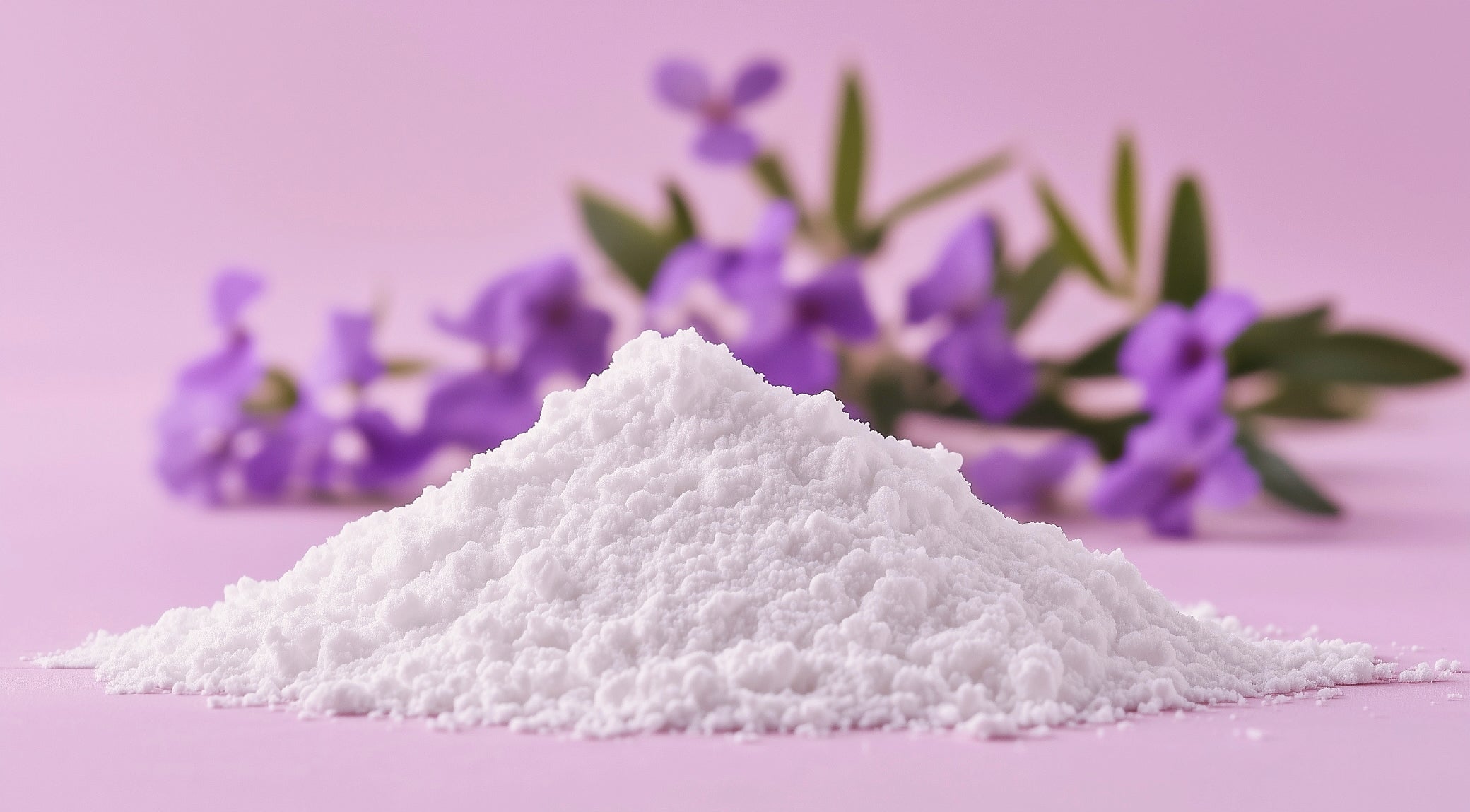 Bakuchiol powder on a pink surface with purple flowers in the background