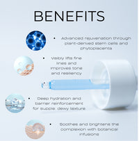 Product benefits listed with icons and text on a light blue background