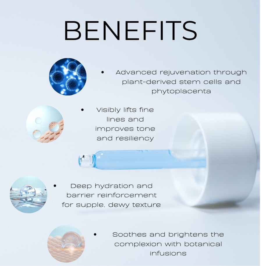 Product benefits listed with icons and text on a light blue background