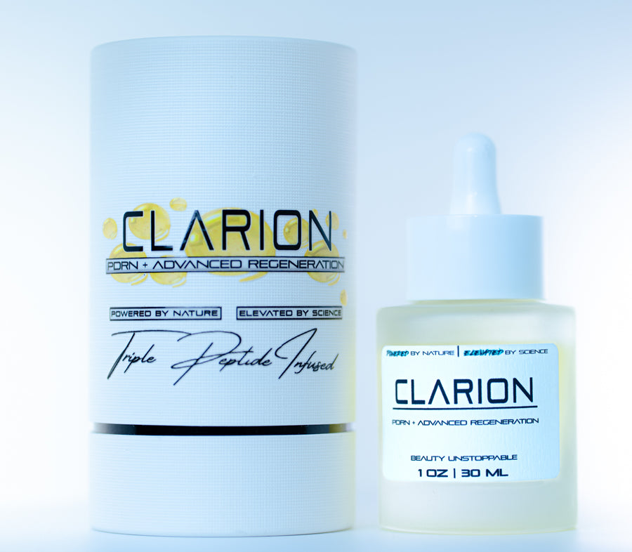 Clarion skincare products on a light blue background