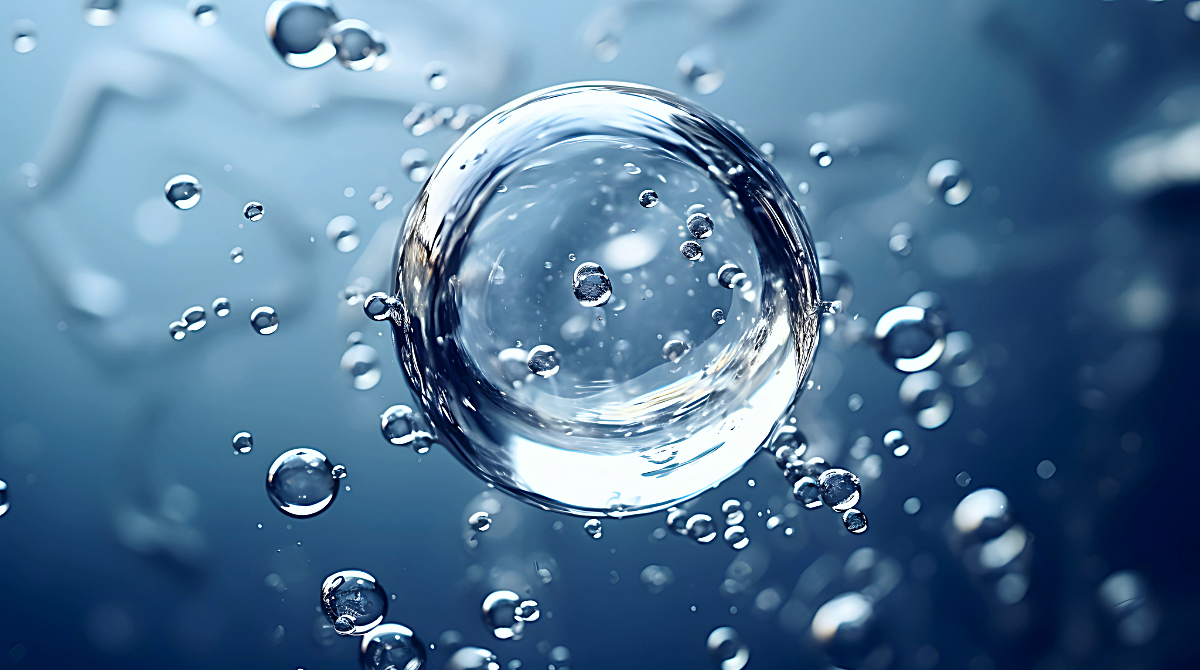 Close-up of a water droplet with bubbles on a blue background