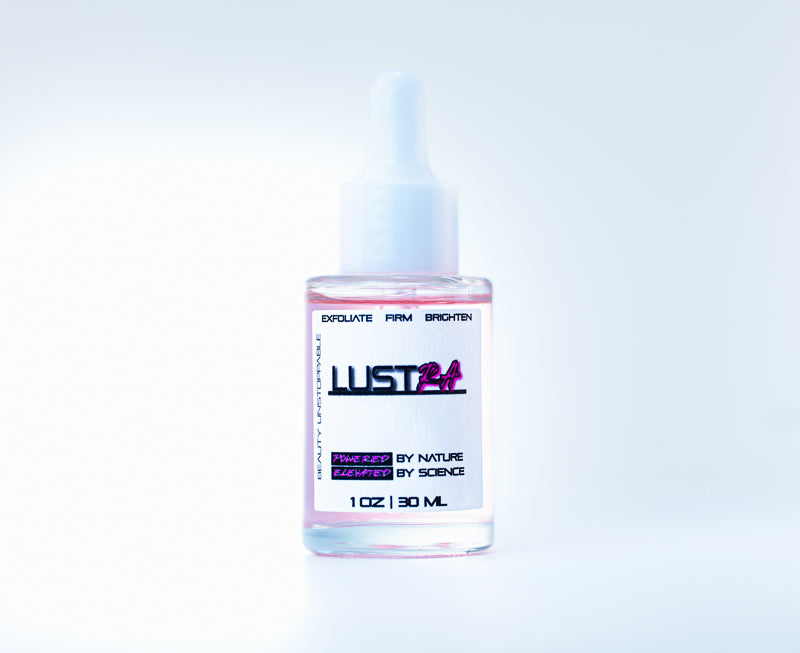 Bottle of LUST24 skincare product on a light blue background