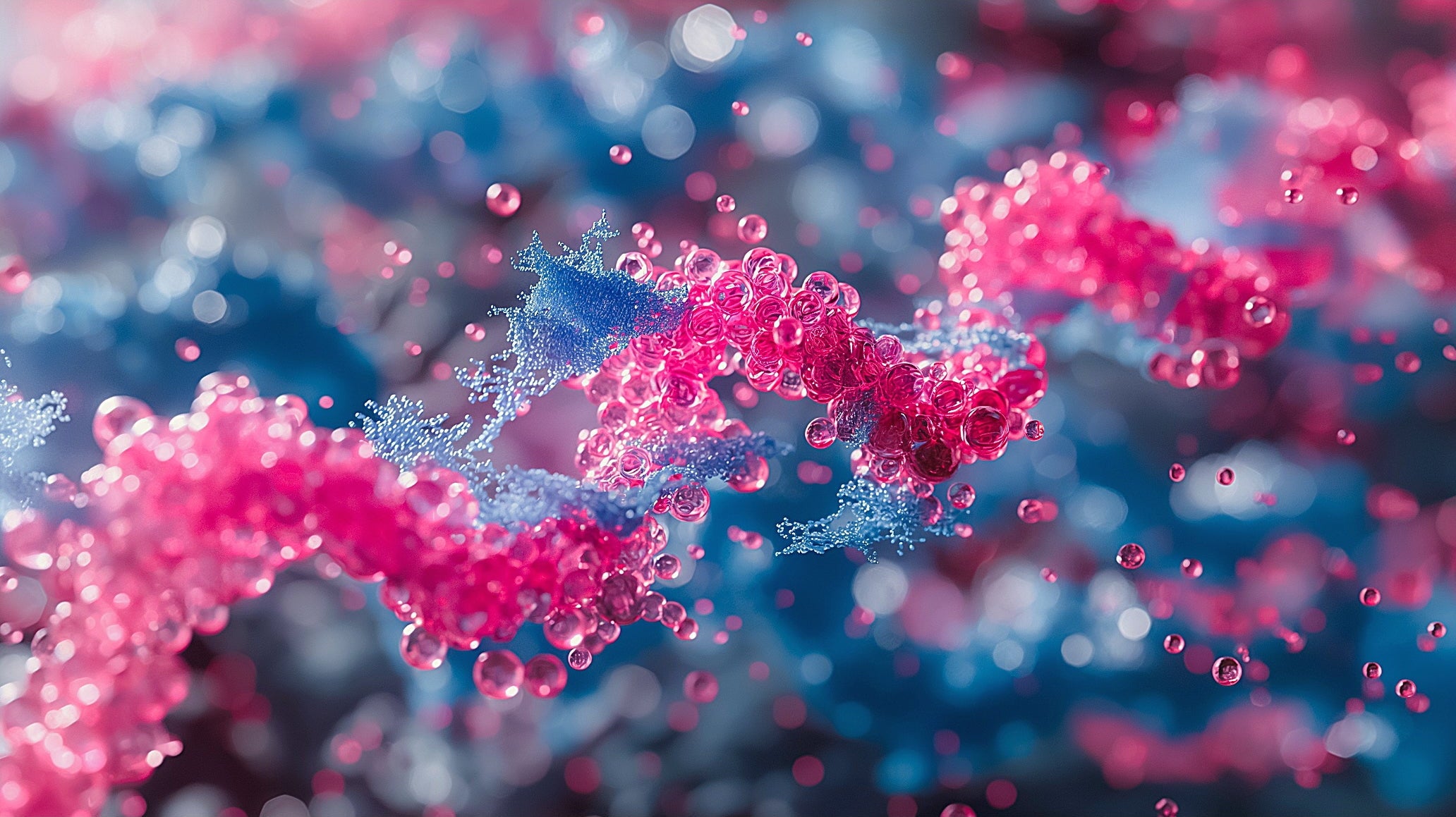 Close-up of pink and blue peptides against a blurred background